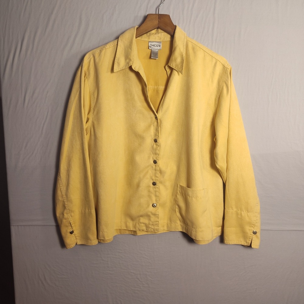 Chicos Faux Suede Button Down Shirt Yellow Long Sleeve Size 2 Large